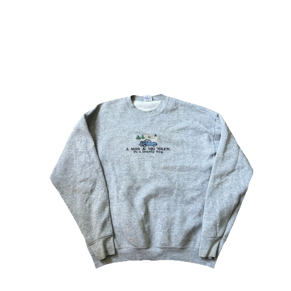 Vintage Grandpa Sweater Crewneck Gray Pickup Truck Men's XL
